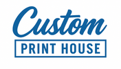 Logo of Custom Print House with blue text on a white background
